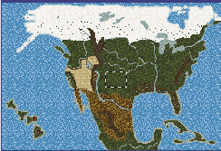North America map overview, with snowy terrain in the north, temperate forests across the centre, arid terrain in the southwest and the Hawaiian islands to the west